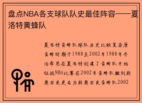 盘点NBA各支球队队史最佳阵容——夏洛特黄蜂队