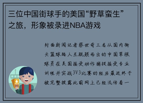 三位中国街球手的美国“野草蛮生”之旅，形象被录进NBA游戏